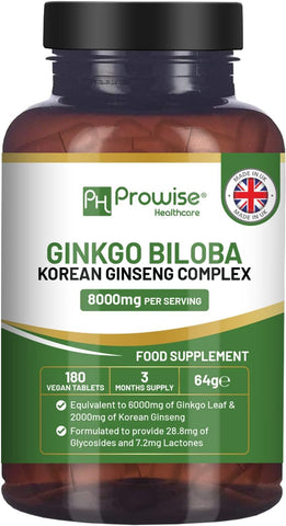 Ginkgo Biloba & Korean Ginseng 8000mg 180 Vegan Tablets